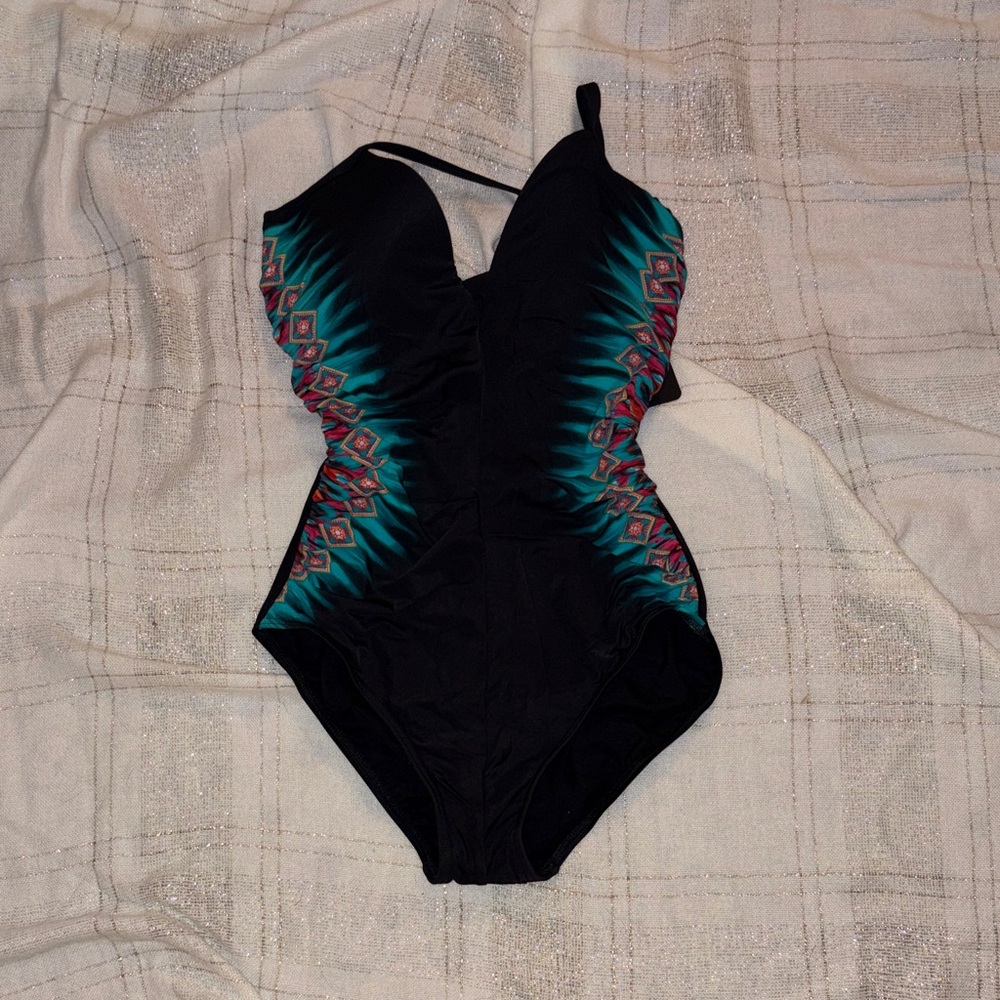 Miraclesuit Women’s One Piece in Black and Teal Pattern